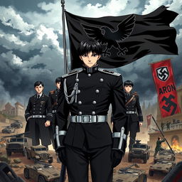 An anime-style book cover depicting the rise of a dictatorship in Europe, specifically in Germany, under the young and handsome leader Aron, whose striking black hair and cold demeanor command attention