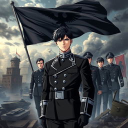 An anime-style book cover illustrating the rise of a dictatorship in Germany under the young and handsome leader Aron, who has striking black hair and a cold yet commanding presence