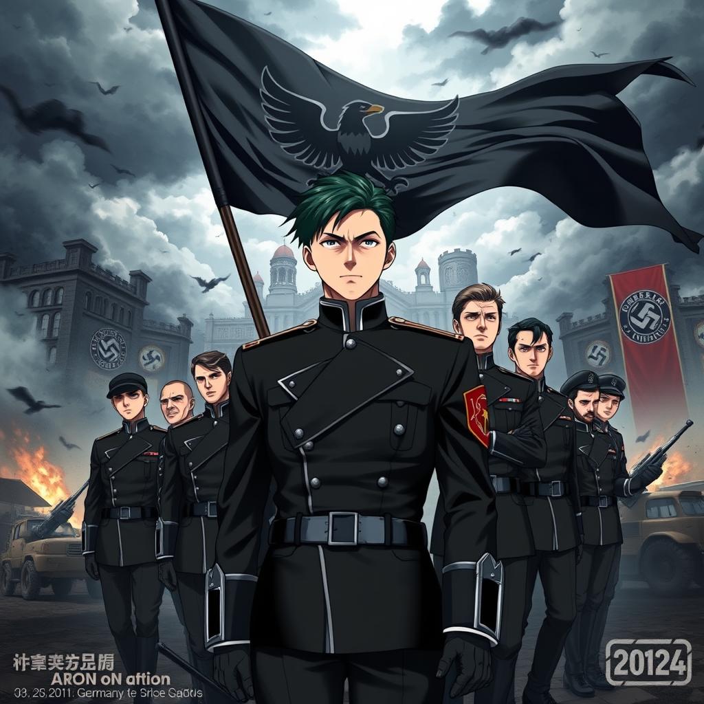 An anime-style book cover illustrating the rise of a dictatorship in Germany under the young and handsome leader Aron, who has striking black hair and a cold yet commanding presence