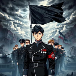 An anime-style book cover illustrating the rise of a dictatorship in Germany under the young and handsome leader Aron, who has striking black hair and a cold yet commanding presence