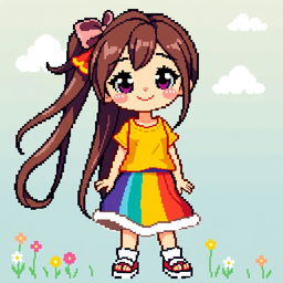 A full body pixel art representation of a girl, designed with vibrant colors and intricate details