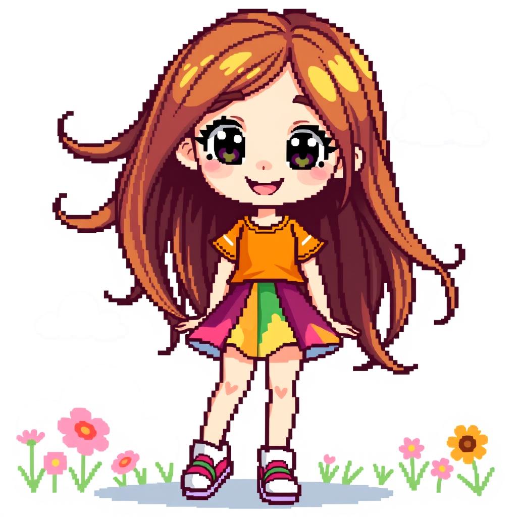A full body pixel art representation of a girl, designed with vibrant colors and intricate details