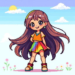 A full body pixel art representation of a girl, designed with vibrant colors and intricate details