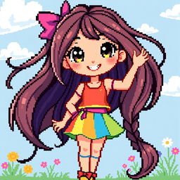 A full body pixel art representation of a girl, designed with vibrant colors and intricate details