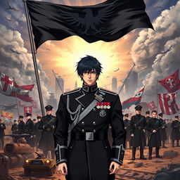 An anime-style book cover illustrating the rise of a dictatorship in Europe, specifically in Germany, under the strikingly handsome and cold leader, Aron, who has sleek black hair