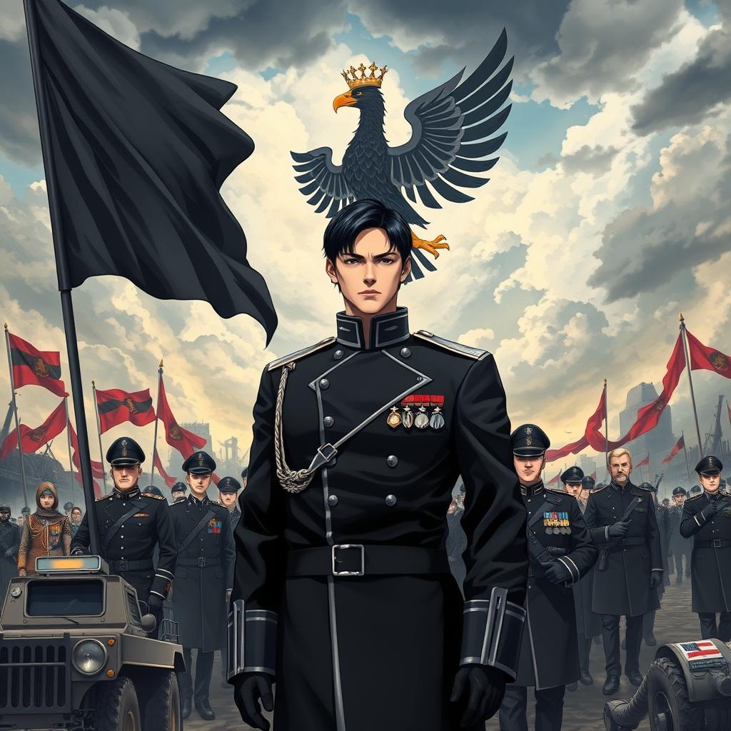 An anime-style book cover illustrating the rise of a dictatorship in Europe, specifically in Germany, under the strikingly handsome and cold leader, Aron, who has sleek black hair