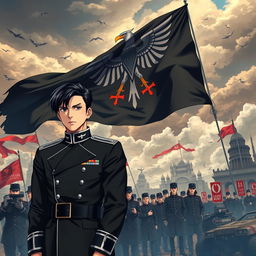 An anime-style book cover illustrating the rise of a dictatorship in Europe, specifically in Germany, under the strikingly handsome and cold leader, Aron, who has sleek black hair