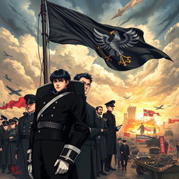 An anime-style book cover illustrating the rise of a dictatorship in Europe, specifically in Germany, under the strikingly handsome and cold leader, Aron, who has sleek black hair