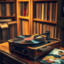 An image of a vintage vinyl record player, with a beautifully crafted wooden design and intricate details