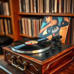 An image of a vintage vinyl record player, with a beautifully crafted wooden design and intricate details