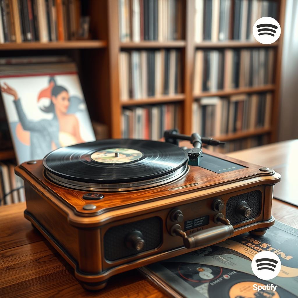 An image of a vintage vinyl record player, with a beautifully crafted wooden design and intricate details