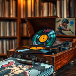 An image of a vintage vinyl record player, with a beautifully crafted wooden design and intricate details