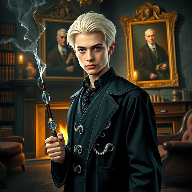 A reinterpretation of Harry Potter as a Malfoy, featuring Harry with sleek platinum blond hair and piercing green eyes wearing a tailored Slytherin robe adorned with silver serpents