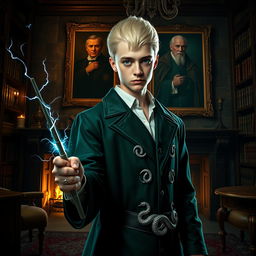 A reinterpretation of Harry Potter as a Malfoy, featuring Harry with sleek platinum blond hair and piercing green eyes wearing a tailored Slytherin robe adorned with silver serpents