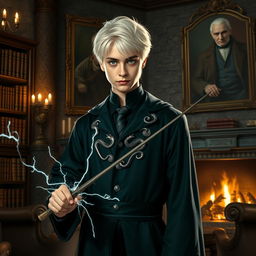 A reinterpretation of Harry Potter as a Malfoy, featuring Harry with sleek platinum blond hair and piercing green eyes wearing a tailored Slytherin robe adorned with silver serpents