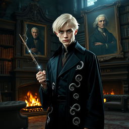 A reinterpretation of Harry Potter as a Malfoy, featuring Harry with sleek platinum blond hair and piercing green eyes wearing a tailored Slytherin robe adorned with silver serpents