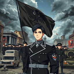 An anime-style book cover illustrating the rise of a dictatorship in Europe, particularly in Germany, under the leadership of the young and handsome Aron, who has striking black hair and a cold, commanding presence