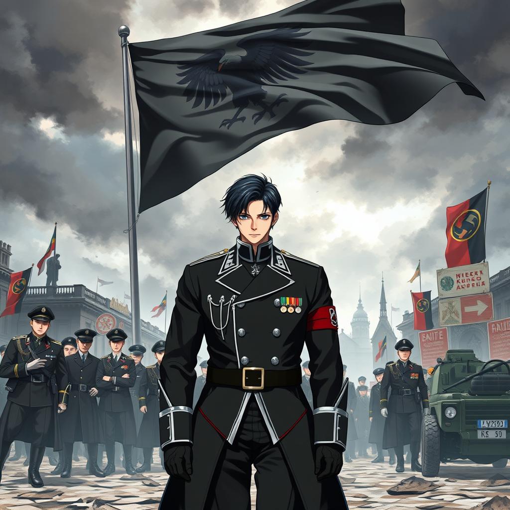 An anime-style book cover illustrating the rise of a dictatorship in Europe, particularly in Germany, under the leadership of the young and handsome Aron, who has striking black hair and a cold, commanding presence