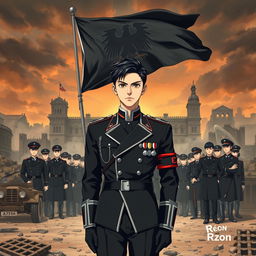 An anime-style book cover illustrating the rise of a dictatorship in Europe, particularly in Germany, under the leadership of the young and handsome Aron, who has striking black hair and a cold, commanding presence