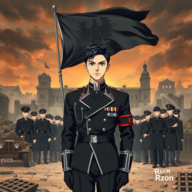 An anime-style book cover illustrating the rise of a dictatorship in Europe, particularly in Germany, under the leadership of the young and handsome Aron, who has striking black hair and a cold, commanding presence