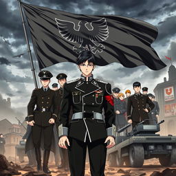 An anime-style book cover illustrating the rise of a dictatorship in Europe, particularly in Germany, under the leadership of the young and handsome Aron, who has striking black hair and a cold, commanding presence