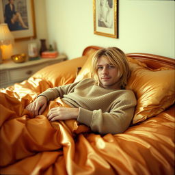 Kurt Cobain lounging casually on a luxurious bed covered with shiny satin sheets