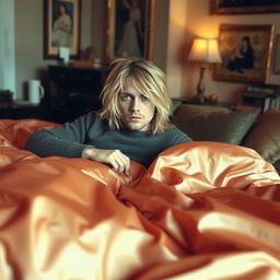 Kurt Cobain lounging casually on a luxurious bed covered with shiny satin sheets
