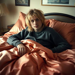 Kurt Cobain lounging casually on a luxurious bed covered with shiny satin sheets