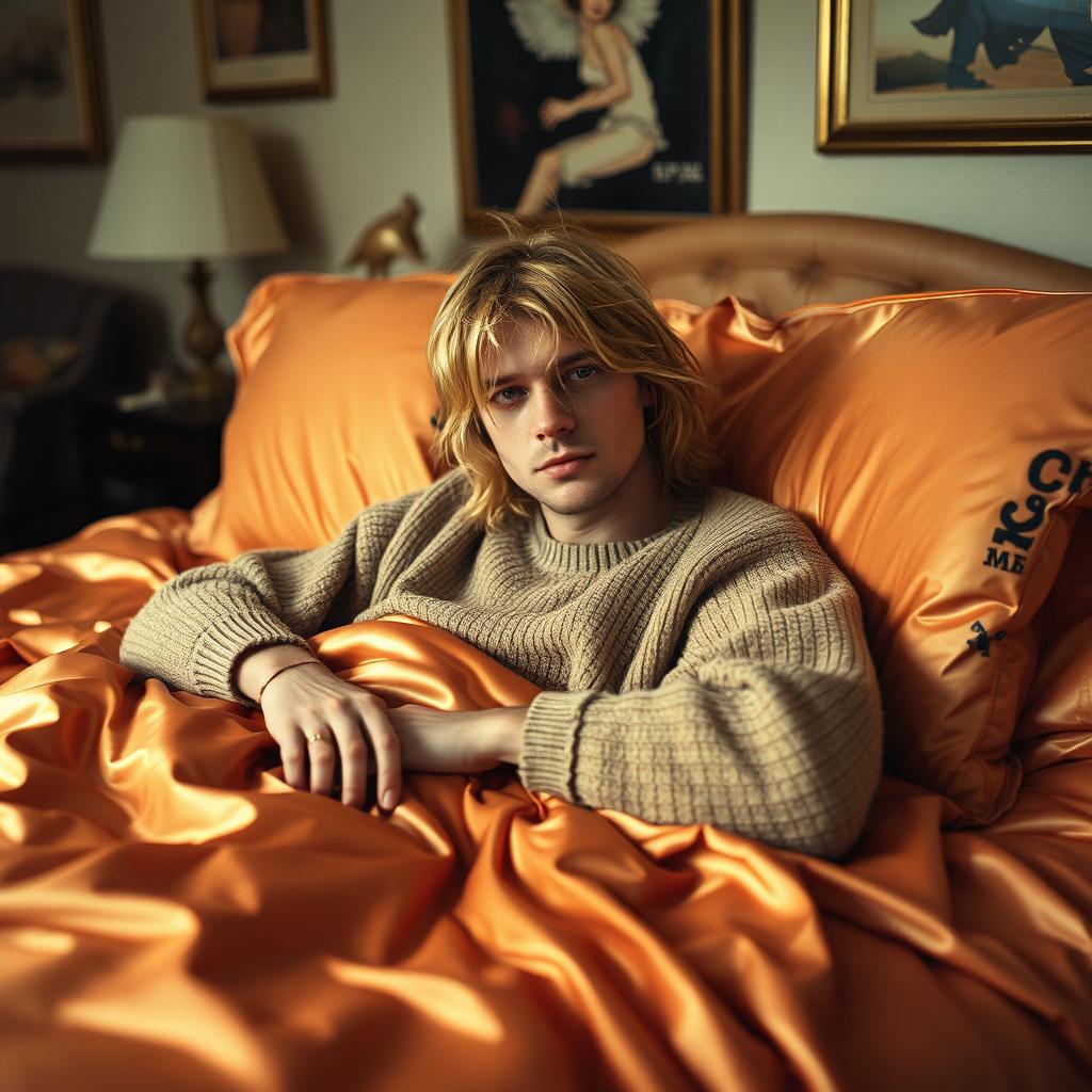 Kurt Cobain lounging casually on a luxurious bed covered with shiny satin sheets