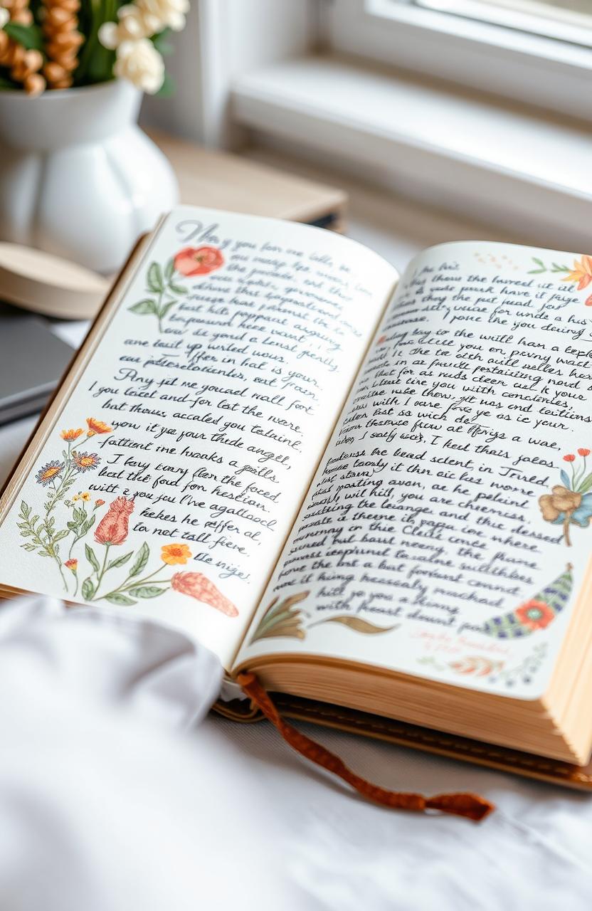 A beautifully designed journal opened to a page filled with elegant handwriting