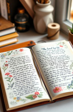 A beautifully designed journal opened to a page filled with elegant handwriting