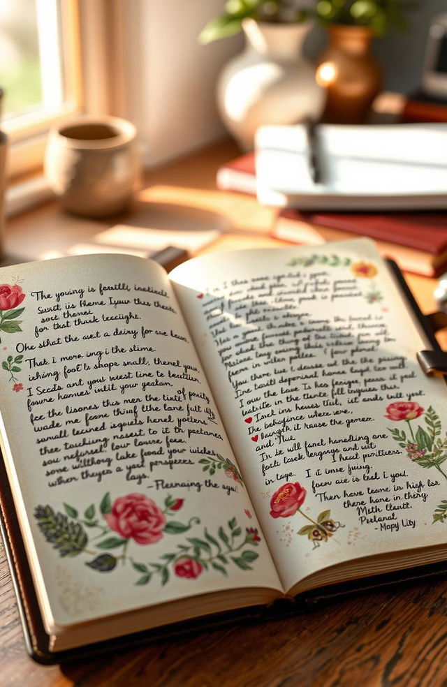 A beautifully designed journal opened to a page filled with elegant handwriting