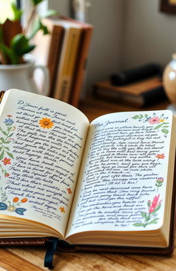 A beautifully designed journal opened to a page filled with elegant handwriting