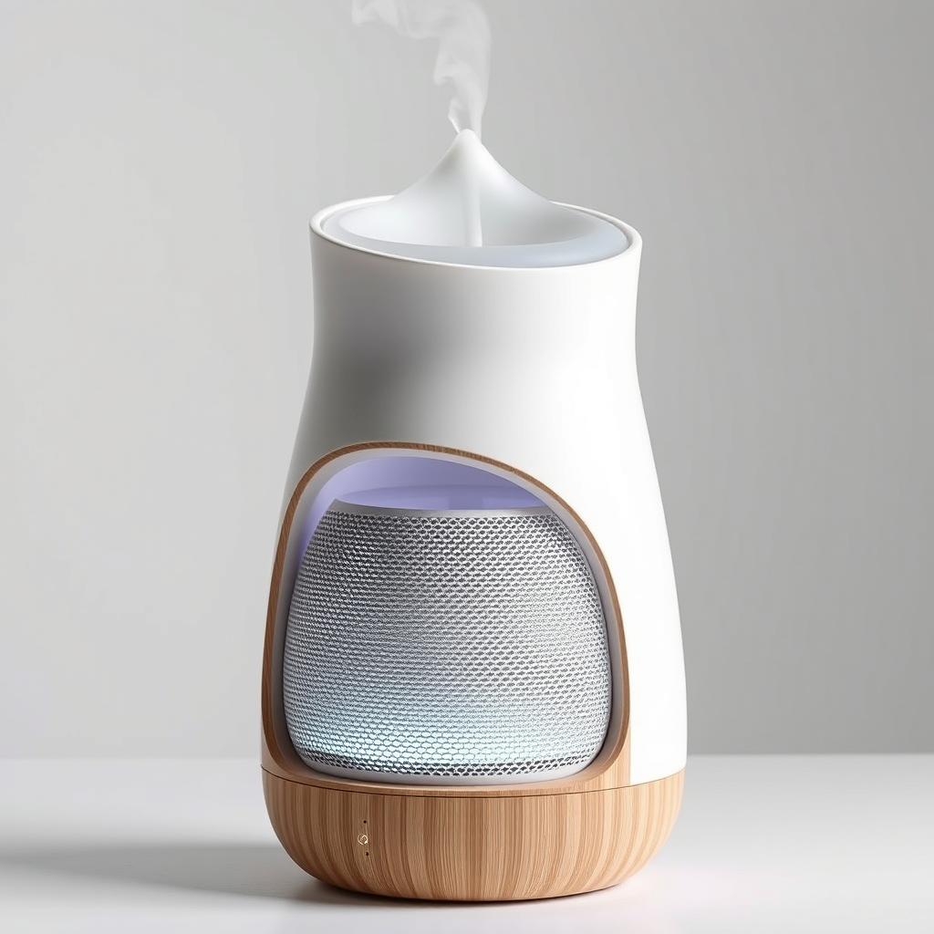 A stylish and innovative product design that combines an aromatherapy diffuser, a speaker, and ambient lighting