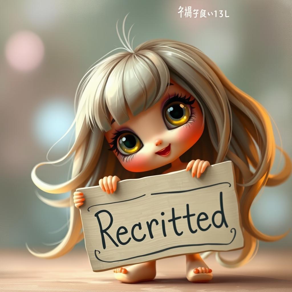 A whimsical doll with large, expressive eyes and flowing long hair, playfully holding a sign that reads 'Retracted'