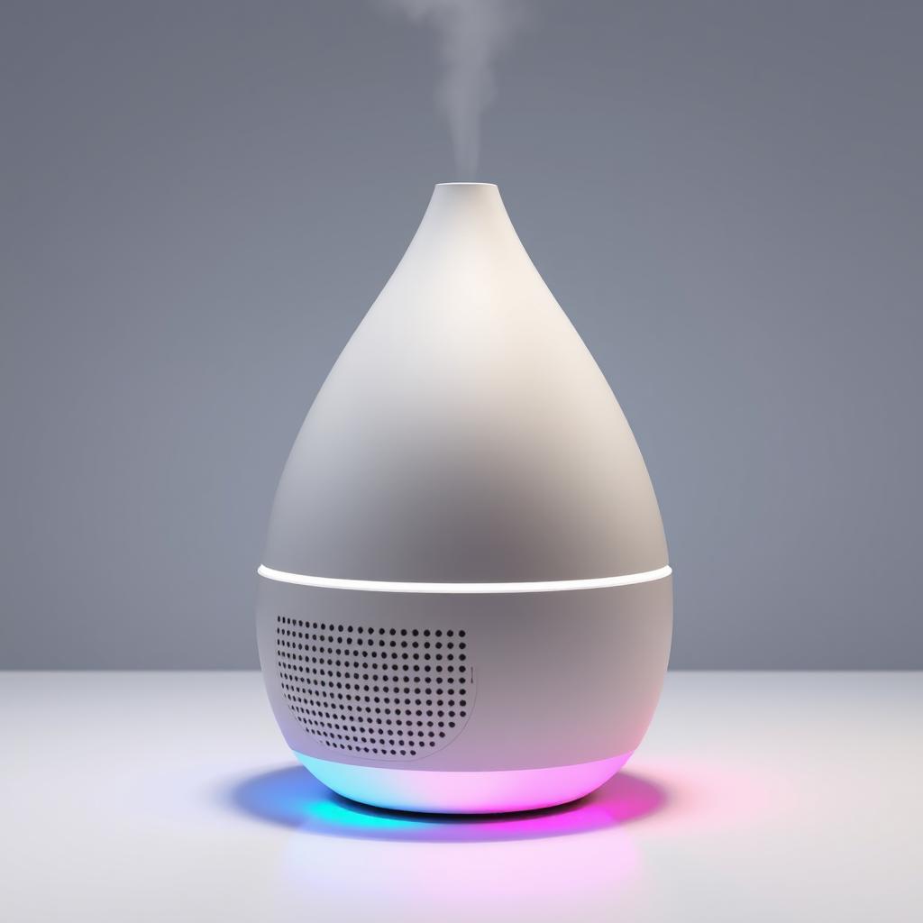 A sleek, modern product design that combines an aromatherapy diffuser, a speaker, and ambient lighting