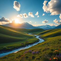 A serene landscape featuring a lush green valley with rolling hills, a crystal-clear river flowing through the center, and vibrant wildflowers scattered throughout