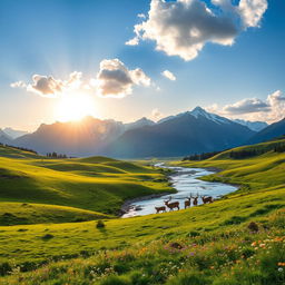 A serene landscape featuring a lush green valley with rolling hills, a crystal-clear river flowing through the center, and vibrant wildflowers scattered throughout