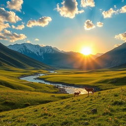 A serene landscape featuring a lush green valley with rolling hills, a crystal-clear river flowing through the center, and vibrant wildflowers scattered throughout