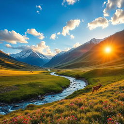 A serene landscape featuring a lush green valley with rolling hills, a crystal-clear river flowing through the center, and vibrant wildflowers scattered throughout