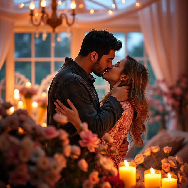 A romantic and tender scene depicting a loving embrace between a couple, representing a sense of connection and affection
