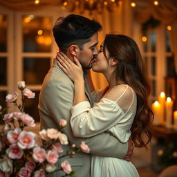 A romantic and tender scene depicting a loving embrace between a couple, representing a sense of connection and affection