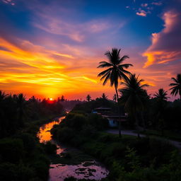A stunning Indian landscape at sunset, showcasing vibrant colors in the sky, with intricate silhouettes of palm trees in the foreground