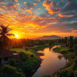 A stunning Indian landscape at sunset, showcasing vibrant colors in the sky, with intricate silhouettes of palm trees in the foreground
