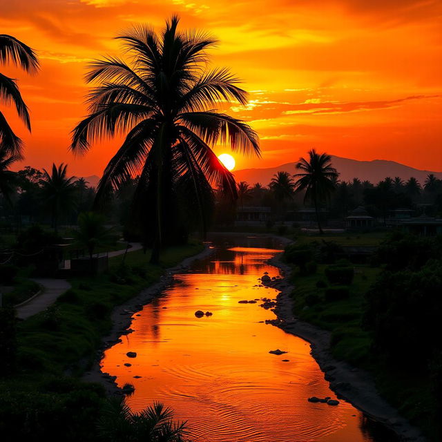 A stunning Indian landscape at sunset, showcasing vibrant colors in the sky, with intricate silhouettes of palm trees in the foreground
