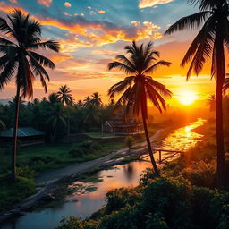 A stunning Indian landscape at sunset, showcasing vibrant colors in the sky, with intricate silhouettes of palm trees in the foreground