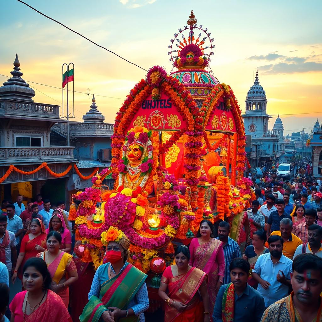 A captivating and colorful street festival in India, featuring festive decorations, vibrant traditional attire, and joyful crowds celebrating with music and dance
