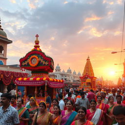 A captivating and colorful street festival in India, featuring festive decorations, vibrant traditional attire, and joyful crowds celebrating with music and dance