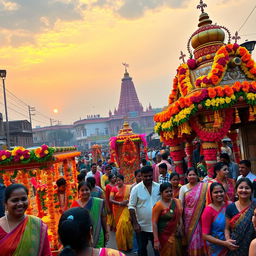 A captivating and colorful street festival in India, featuring festive decorations, vibrant traditional attire, and joyful crowds celebrating with music and dance