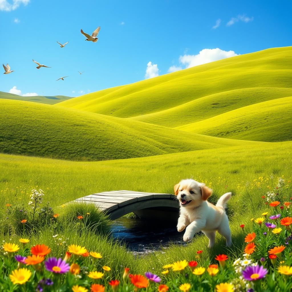 A serene landscape with a lush green meadow and gentle hills under a bright blue sky